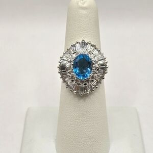 Blue Topaz and Sterling Silver Cocktail Ring Ballerina Halo Design Size 6